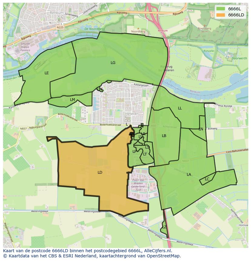 Afbeelding van het postcodegebied 6666 LD op de kaart.