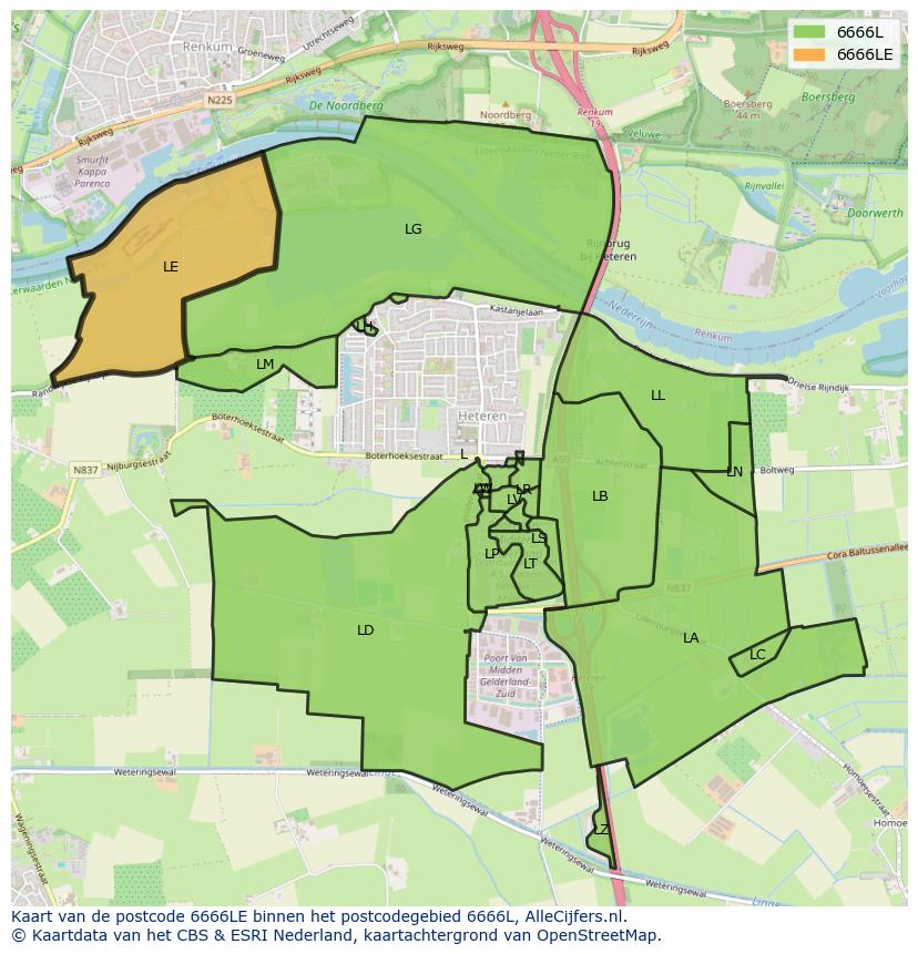 Afbeelding van het postcodegebied 6666 LE op de kaart.