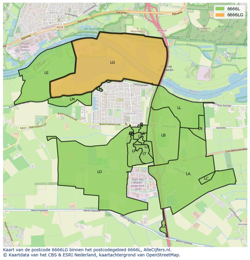 Afbeelding van het postcodegebied 6666 LG op de kaart.