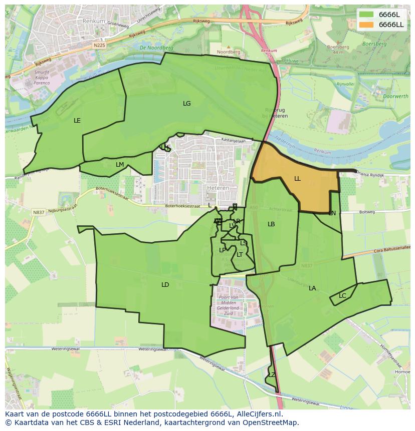 Afbeelding van het postcodegebied 6666 LL op de kaart.