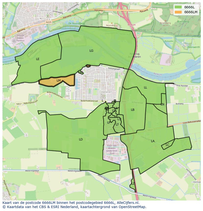 Afbeelding van het postcodegebied 6666 LM op de kaart.