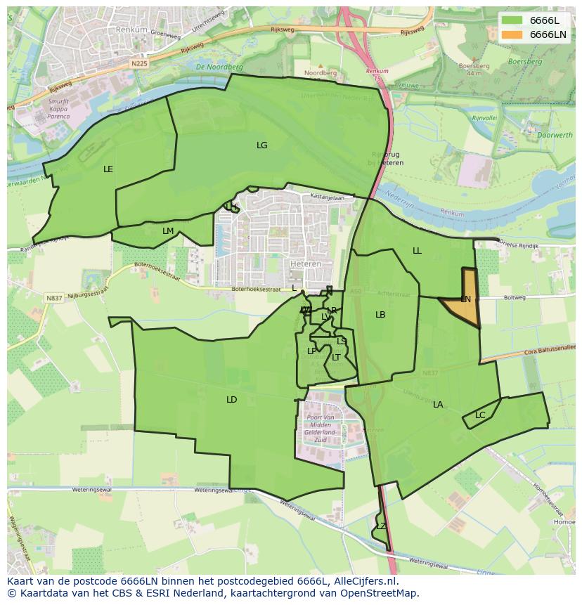 Afbeelding van het postcodegebied 6666 LN op de kaart.
