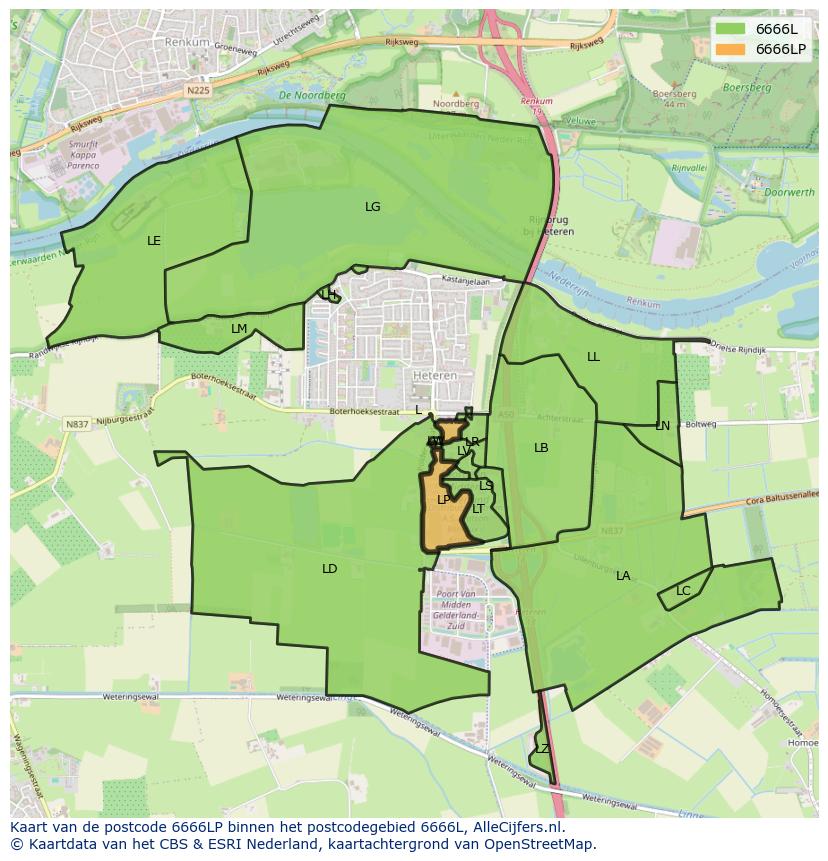 Afbeelding van het postcodegebied 6666 LP op de kaart.