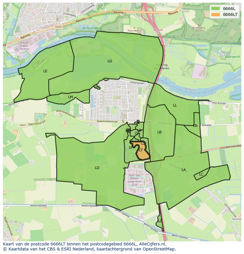 Afbeelding van het postcodegebied 6666 LT op de kaart.