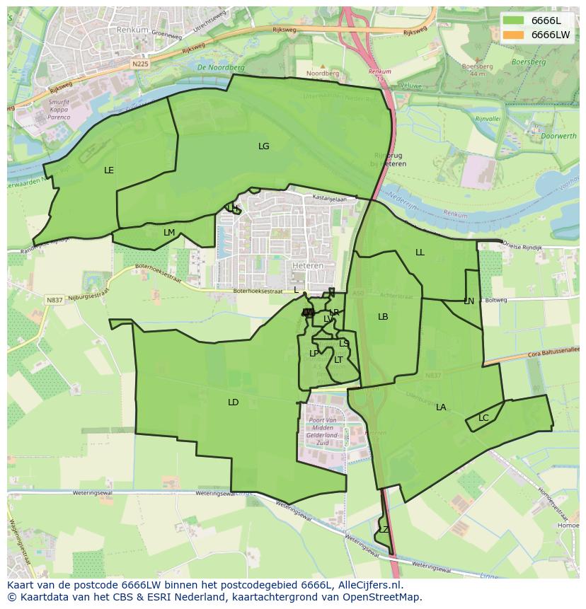 Afbeelding van het postcodegebied 6666 LW op de kaart.