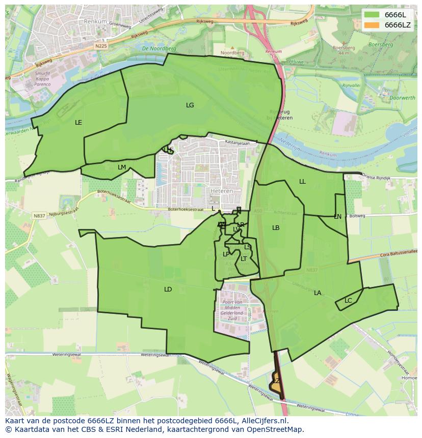 Afbeelding van het postcodegebied 6666 LZ op de kaart.