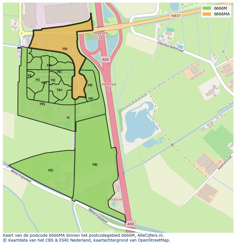 Afbeelding van het postcodegebied 6666 MA op de kaart.