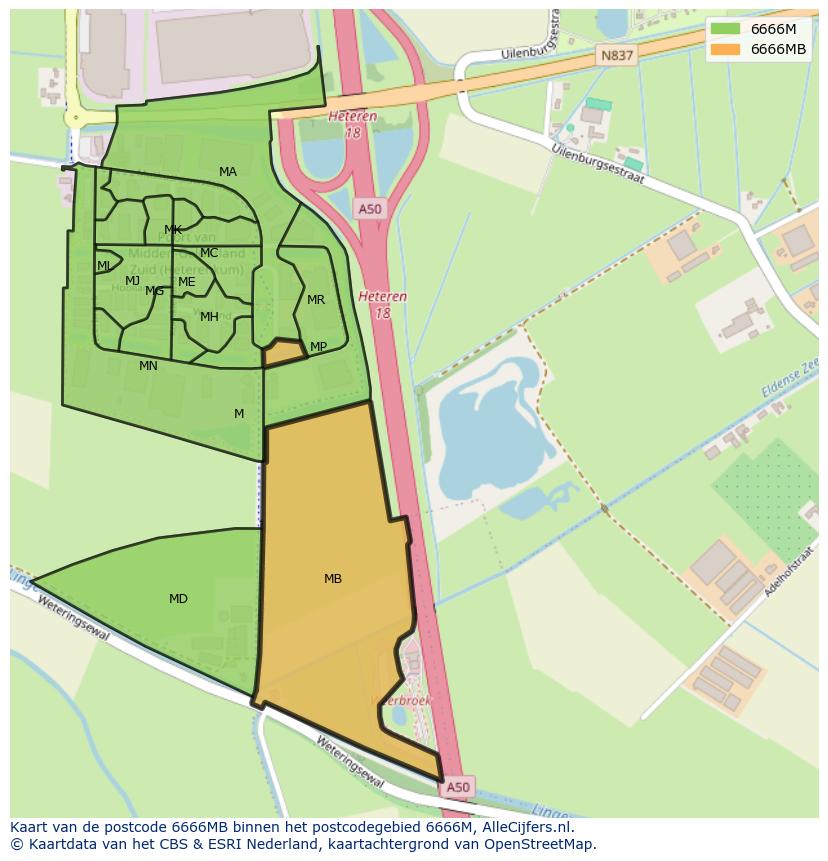 Afbeelding van het postcodegebied 6666 MB op de kaart.