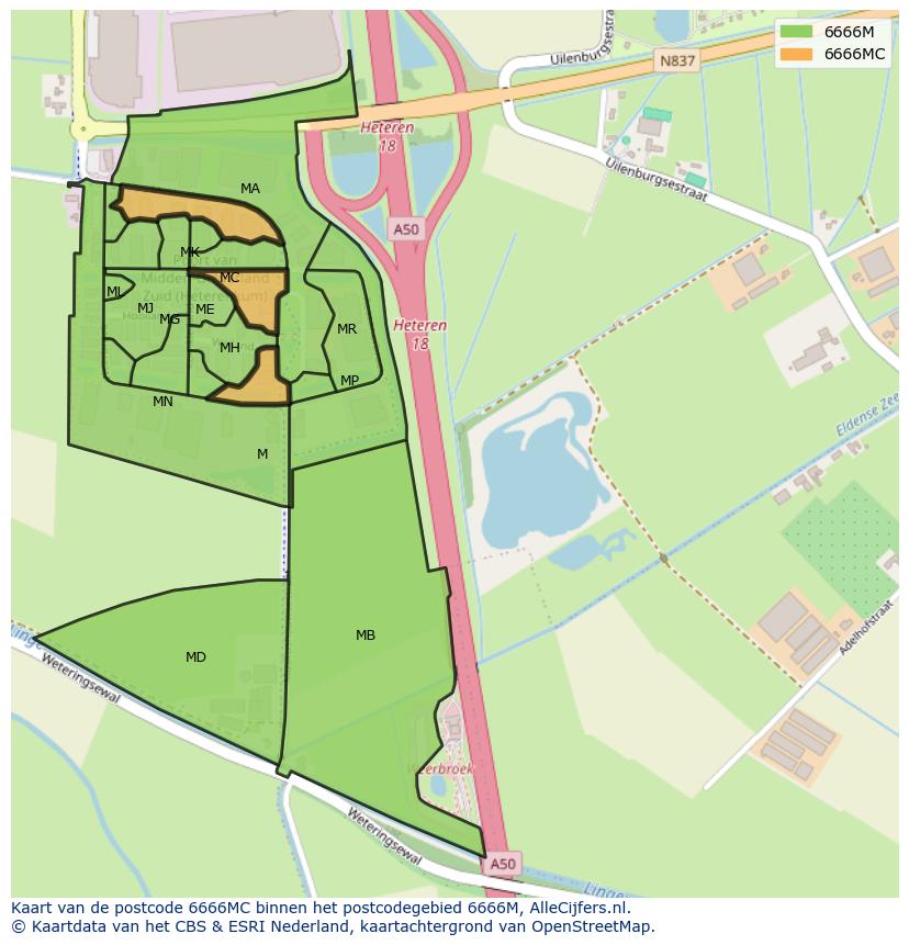 Afbeelding van het postcodegebied 6666 MC op de kaart.