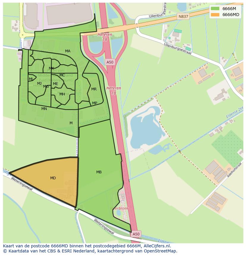Afbeelding van het postcodegebied 6666 MD op de kaart.