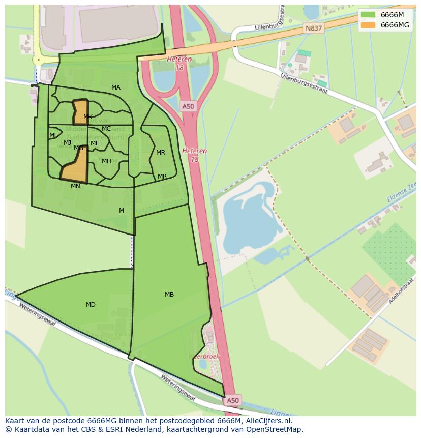 Afbeelding van het postcodegebied 6666 MG op de kaart.