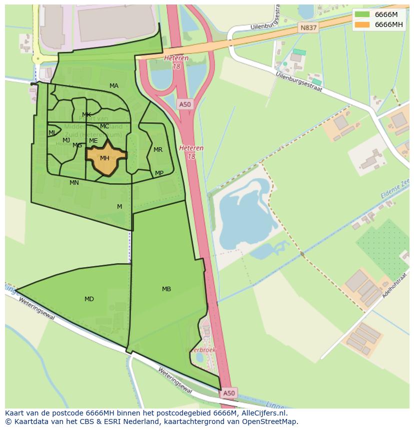 Afbeelding van het postcodegebied 6666 MH op de kaart.