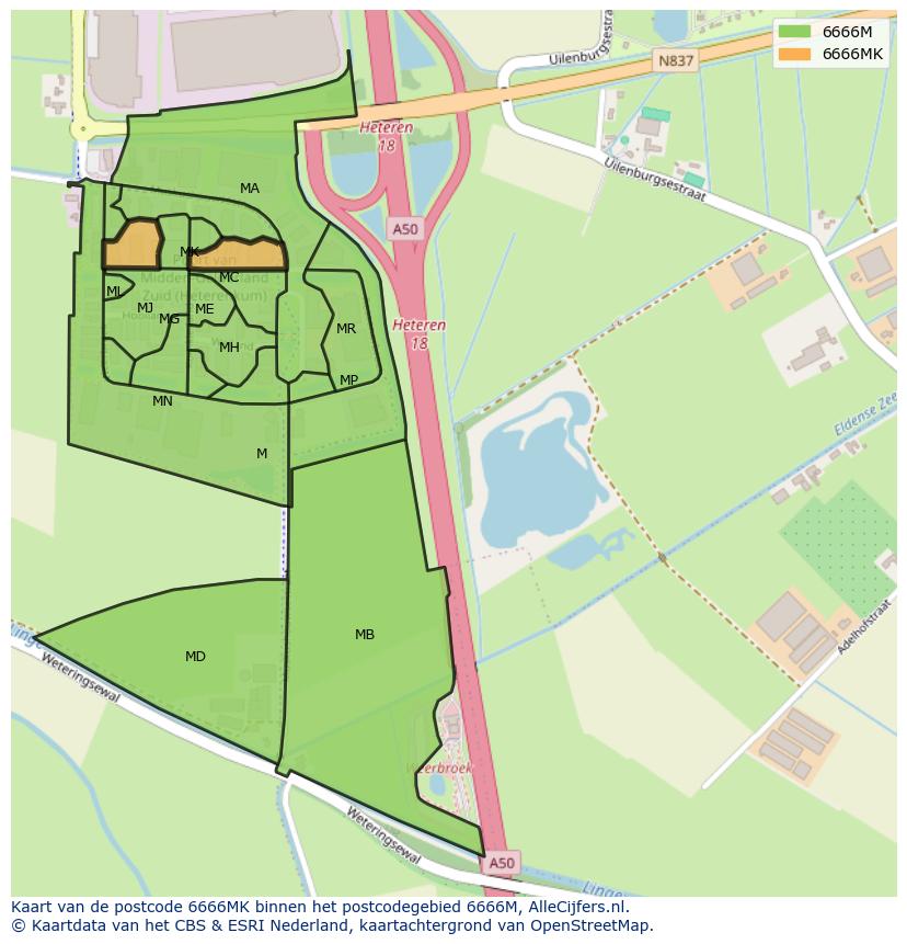 Afbeelding van het postcodegebied 6666 MK op de kaart.