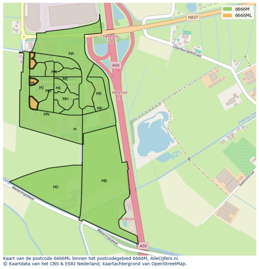 Afbeelding van het postcodegebied 6666 ML op de kaart.