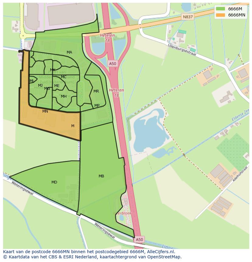 Afbeelding van het postcodegebied 6666 MN op de kaart.