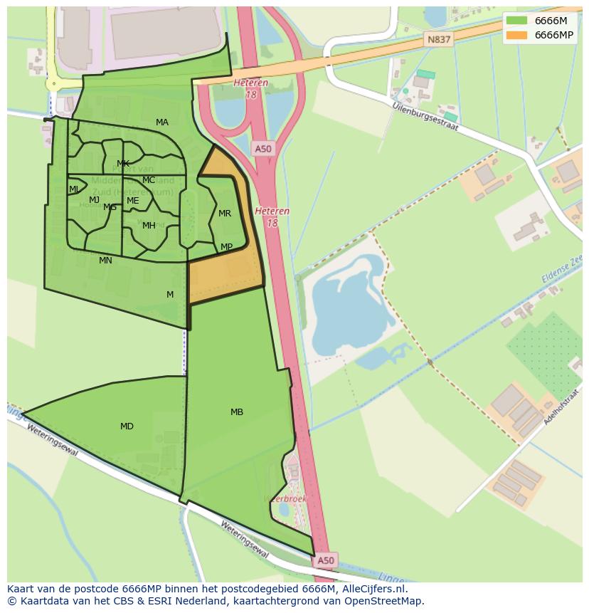 Afbeelding van het postcodegebied 6666 MP op de kaart.