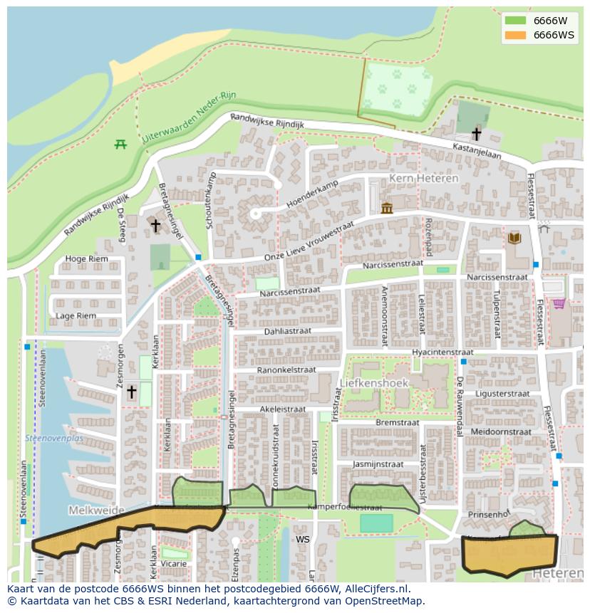 Afbeelding van het postcodegebied 6666 WS op de kaart.