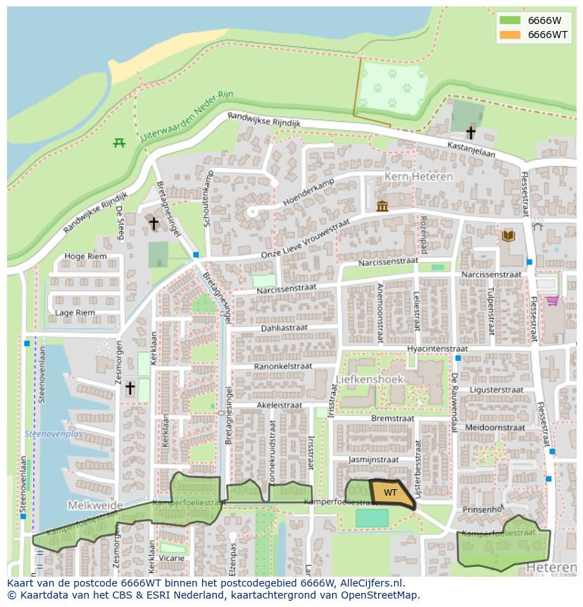 Afbeelding van het postcodegebied 6666 WT op de kaart.