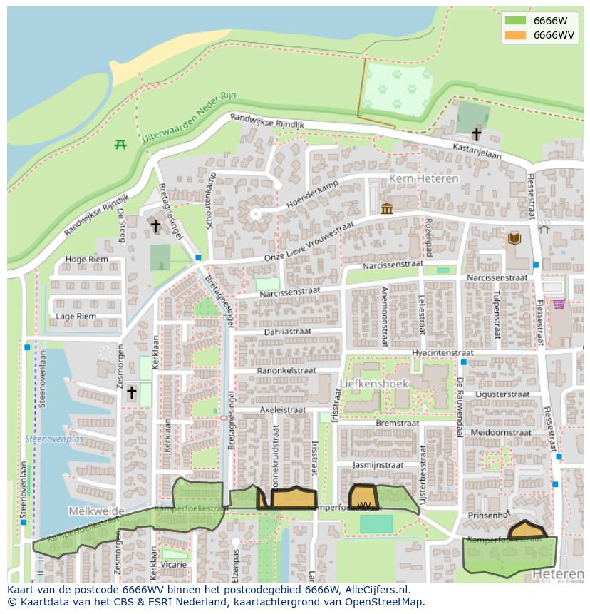 Afbeelding van het postcodegebied 6666 WV op de kaart.