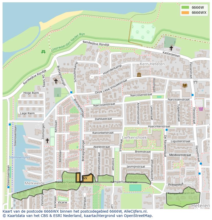 Afbeelding van het postcodegebied 6666 WX op de kaart.