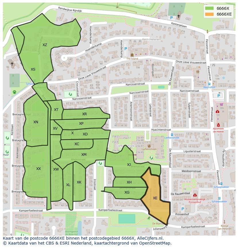 Afbeelding van het postcodegebied 6666 XE op de kaart.