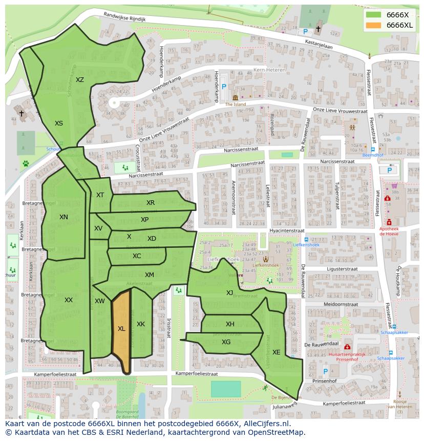 Afbeelding van het postcodegebied 6666 XL op de kaart.