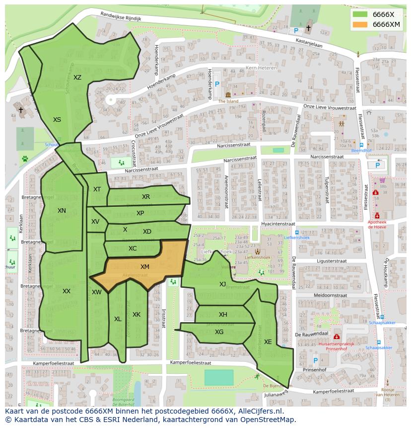 Afbeelding van het postcodegebied 6666 XM op de kaart.