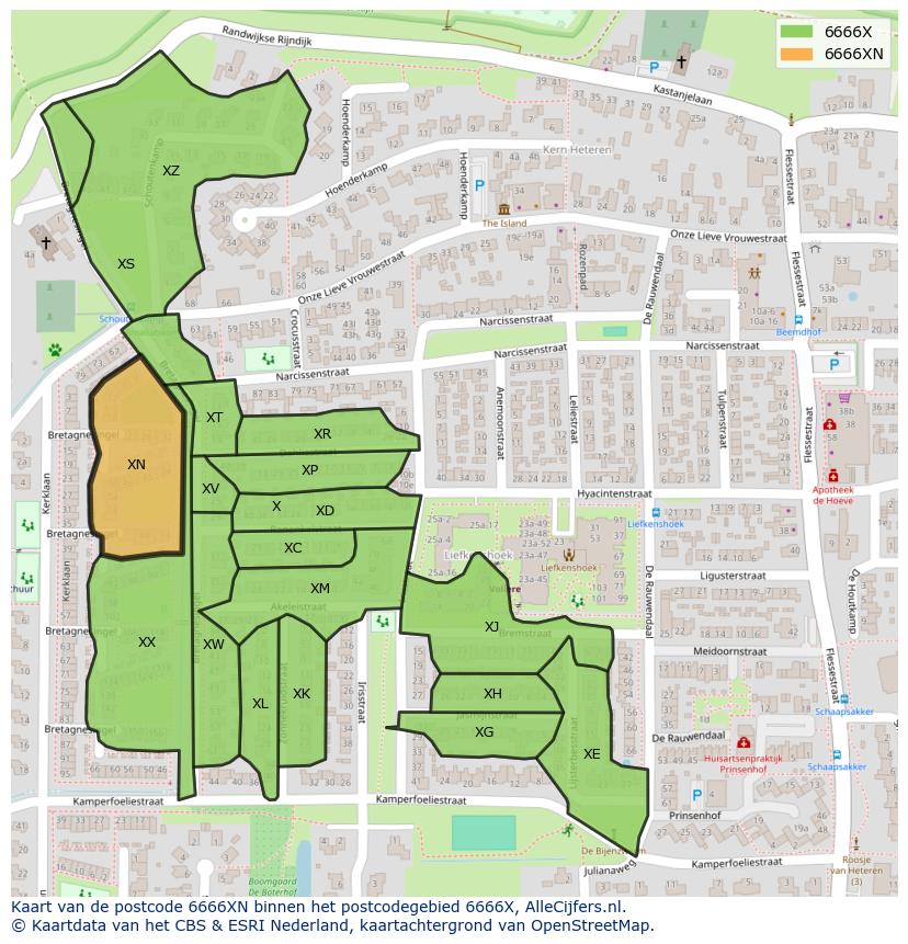 Afbeelding van het postcodegebied 6666 XN op de kaart.