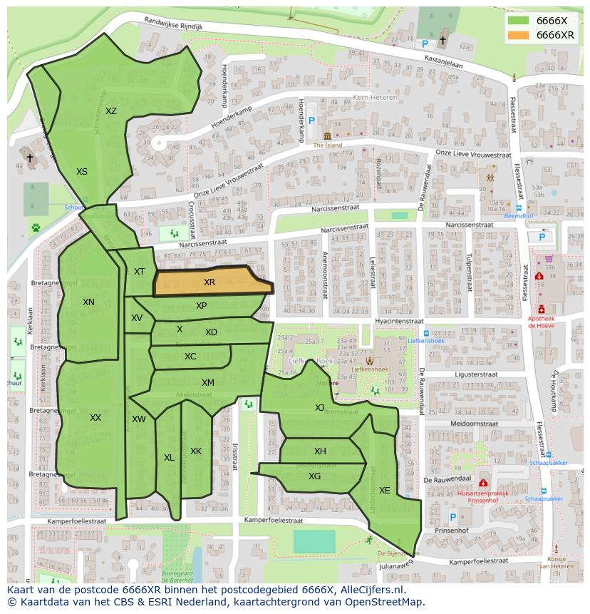 Afbeelding van het postcodegebied 6666 XR op de kaart.