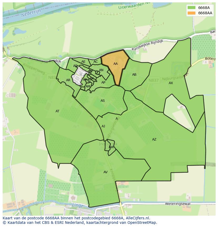 Afbeelding van het postcodegebied 6668 AA op de kaart.