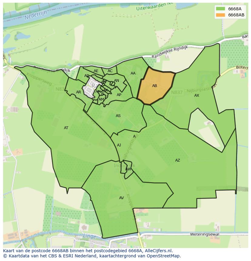Afbeelding van het postcodegebied 6668 AB op de kaart.