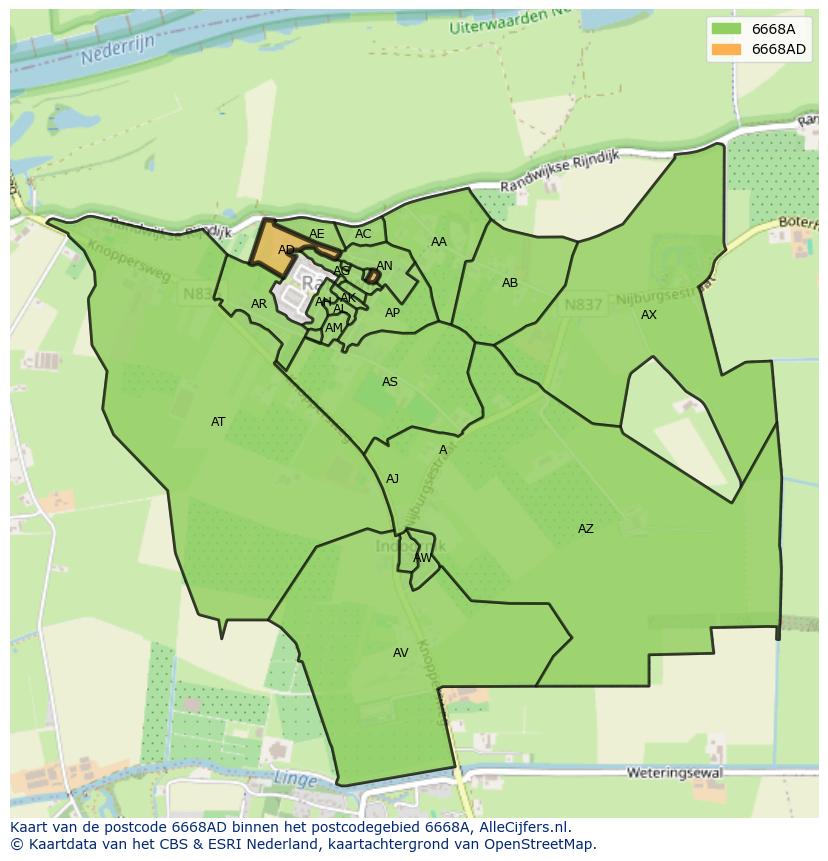 Afbeelding van het postcodegebied 6668 AD op de kaart.