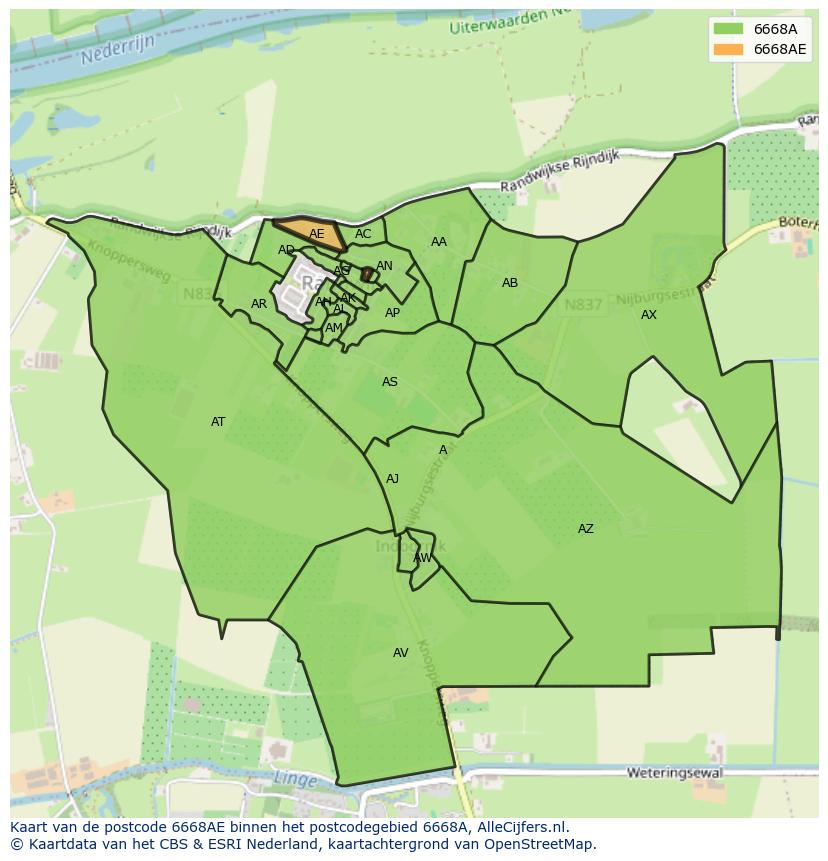 Afbeelding van het postcodegebied 6668 AE op de kaart.