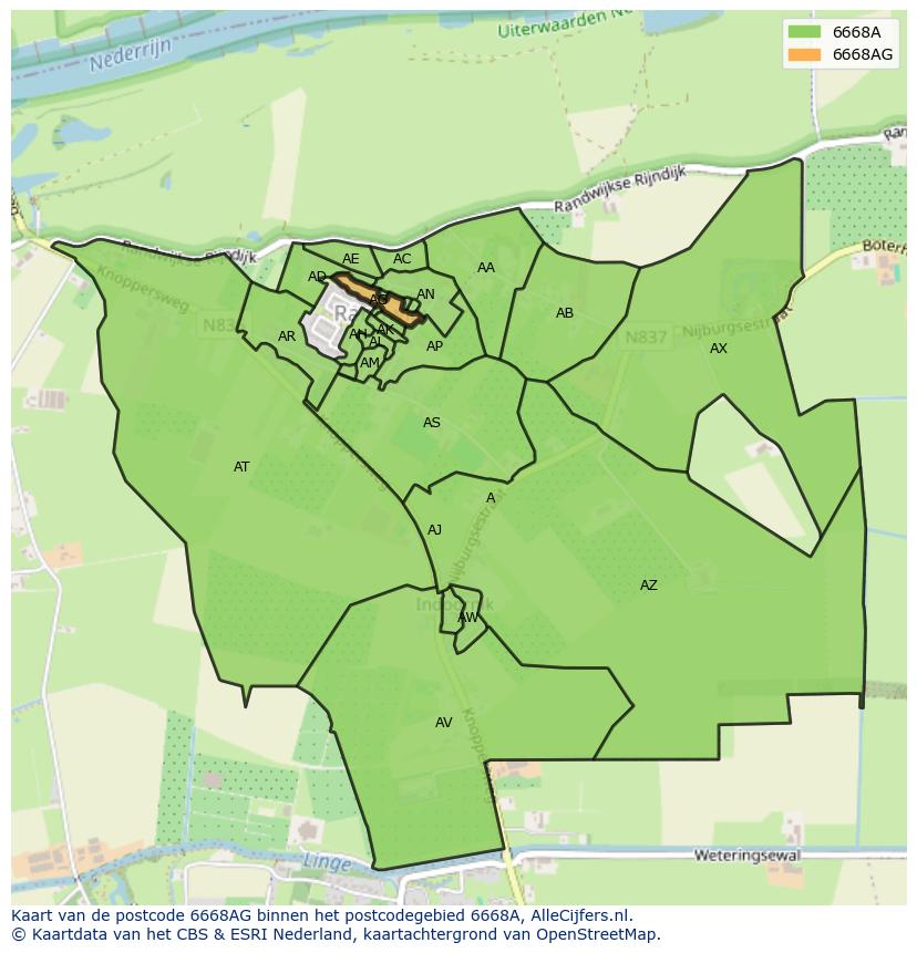 Afbeelding van het postcodegebied 6668 AG op de kaart.