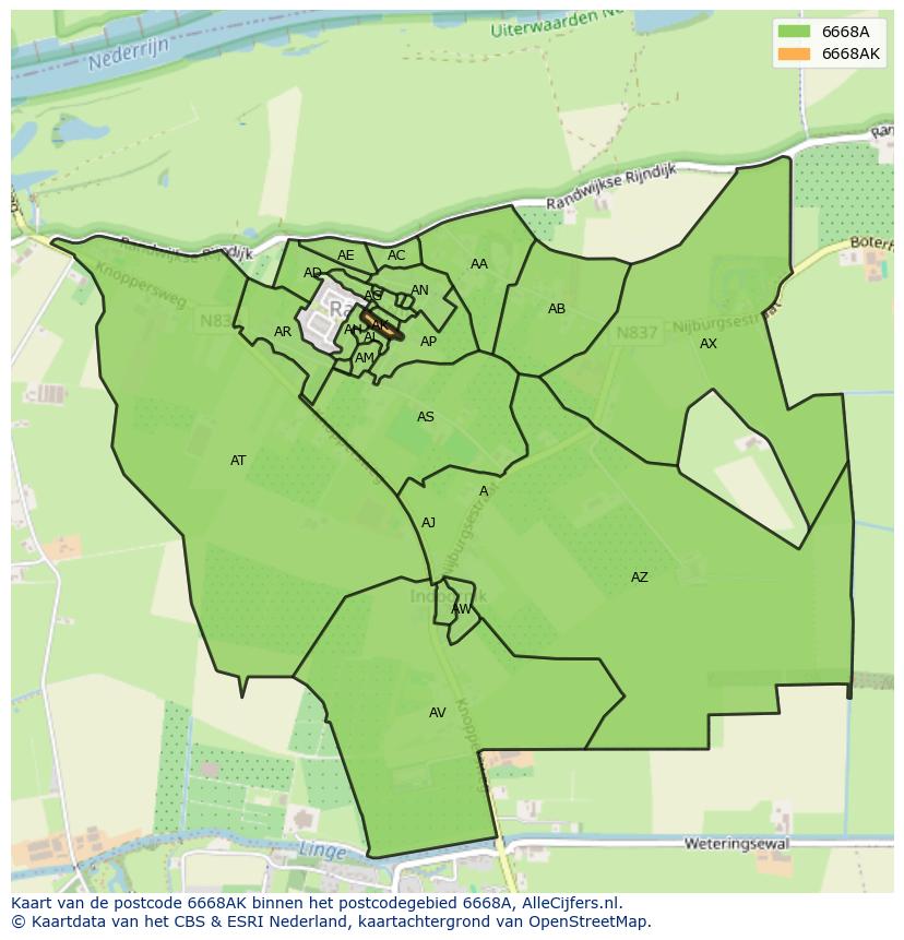 Afbeelding van het postcodegebied 6668 AK op de kaart.