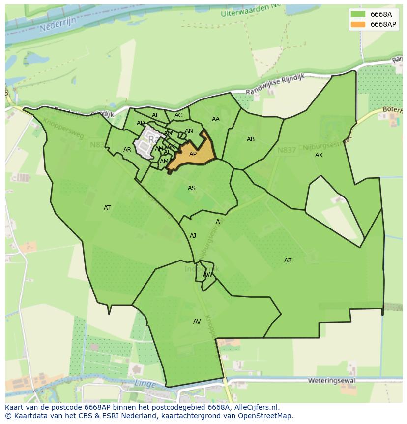 Afbeelding van het postcodegebied 6668 AP op de kaart.