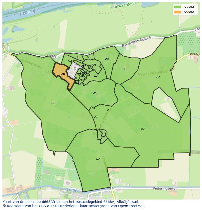 Afbeelding van het postcodegebied 6668 AR op de kaart.