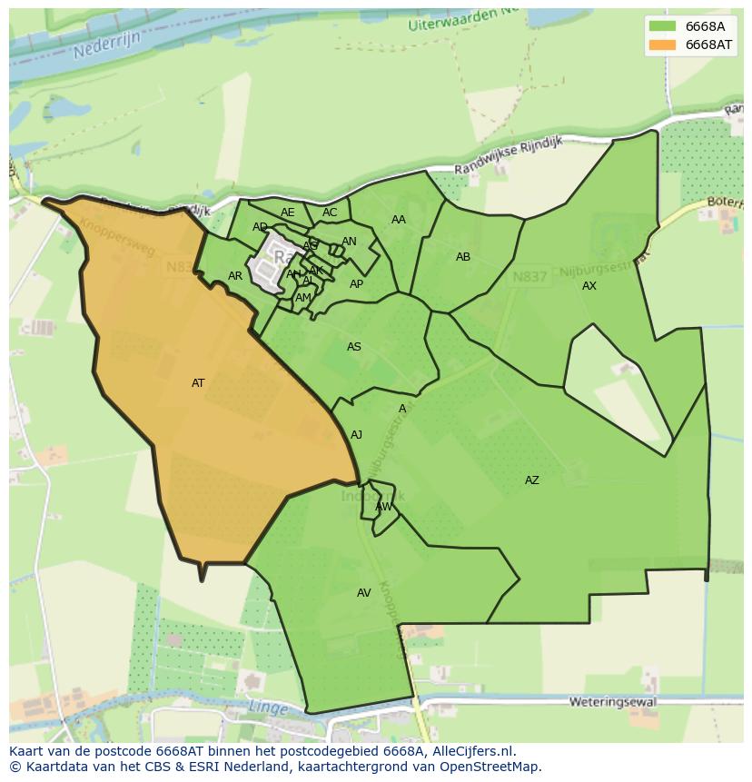 Afbeelding van het postcodegebied 6668 AT op de kaart.