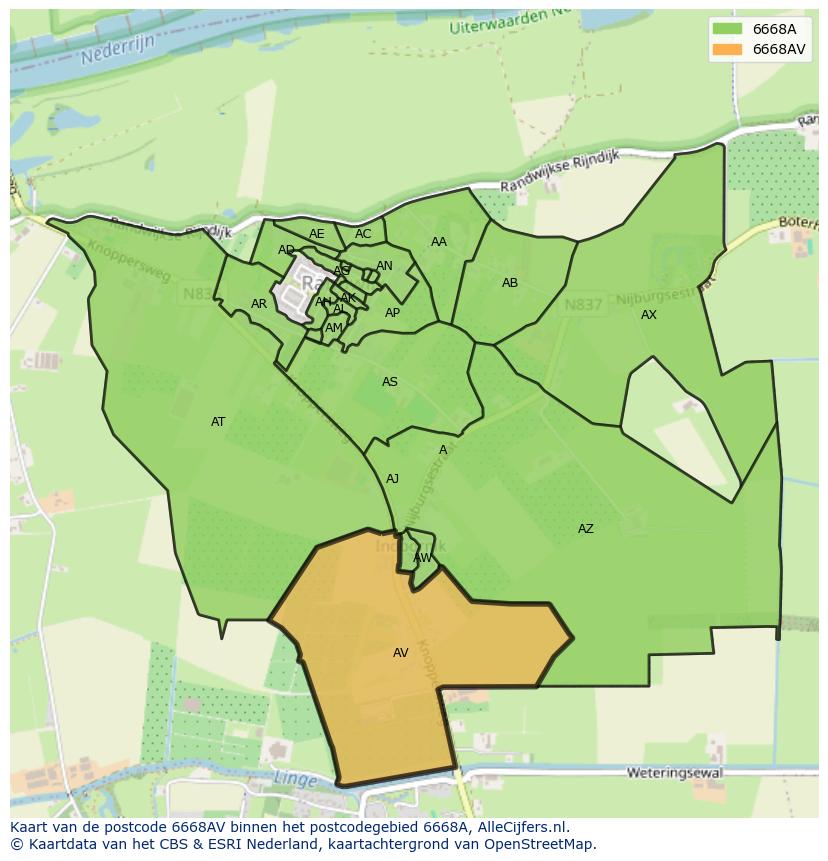 Afbeelding van het postcodegebied 6668 AV op de kaart.