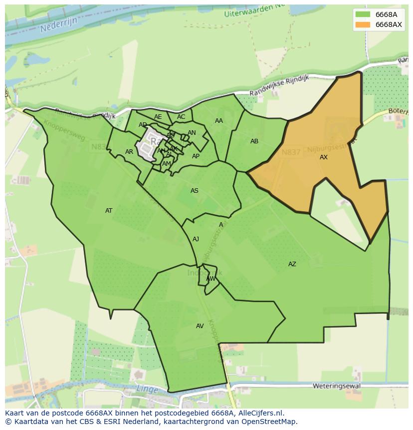 Afbeelding van het postcodegebied 6668 AX op de kaart.