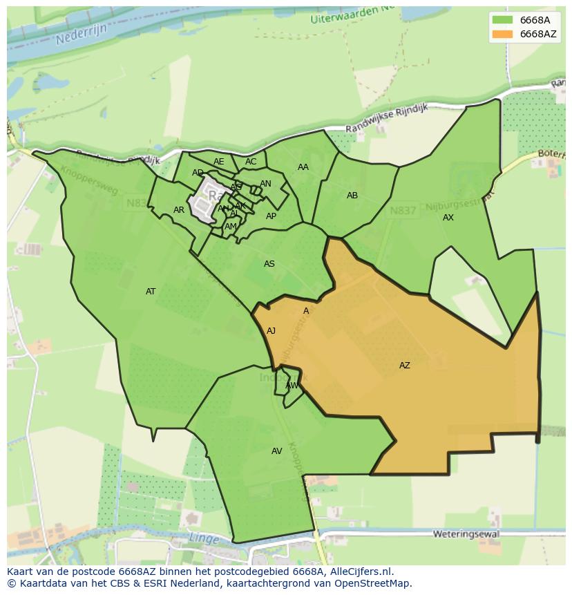Afbeelding van het postcodegebied 6668 AZ op de kaart.
