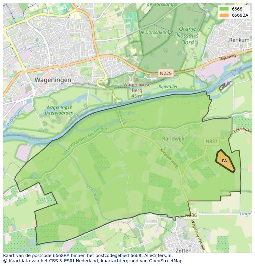 Afbeelding van het postcodegebied 6668 BA op de kaart.