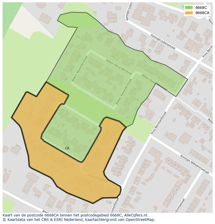 Afbeelding van het postcodegebied 6668 CA op de kaart.