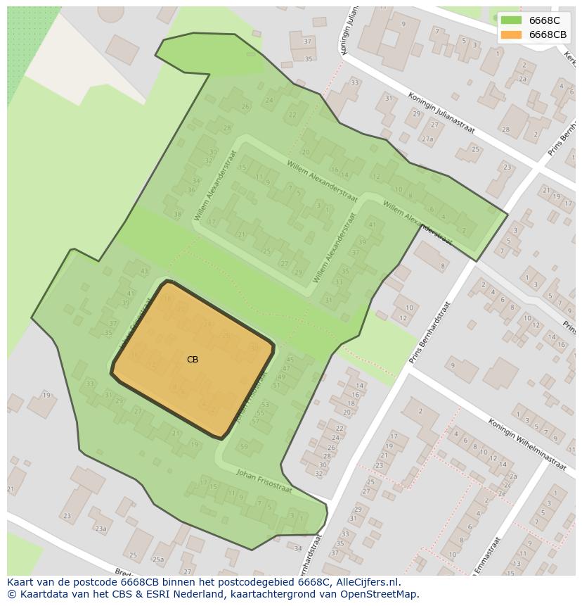Afbeelding van het postcodegebied 6668 CB op de kaart.