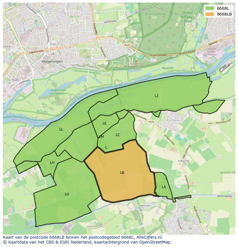Afbeelding van het postcodegebied 6668 LB op de kaart.