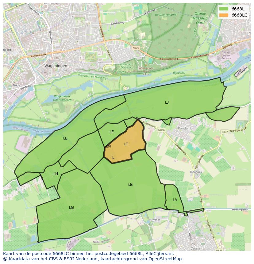 Afbeelding van het postcodegebied 6668 LC op de kaart.