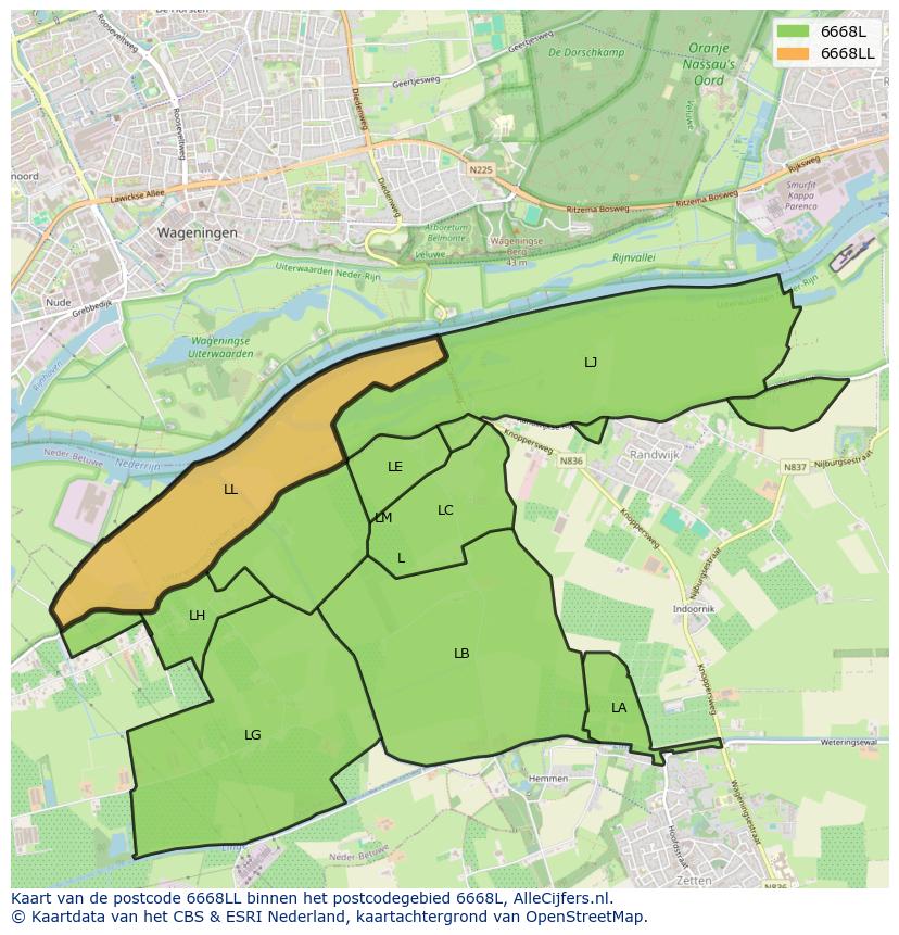 Afbeelding van het postcodegebied 6668 LL op de kaart.