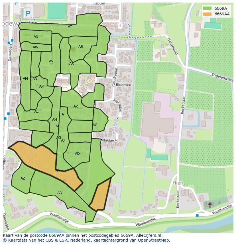 Afbeelding van het postcodegebied 6669 AA op de kaart.