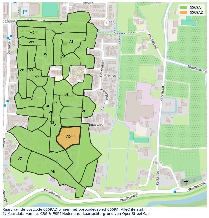 Afbeelding van het postcodegebied 6669 AD op de kaart.