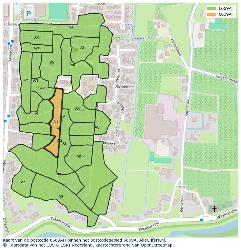 Afbeelding van het postcodegebied 6669 AH op de kaart.